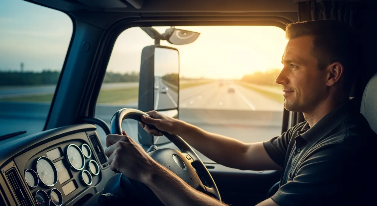 Professional truck driver behind the wheel of a modern Class 8 semi-truck at golden hour