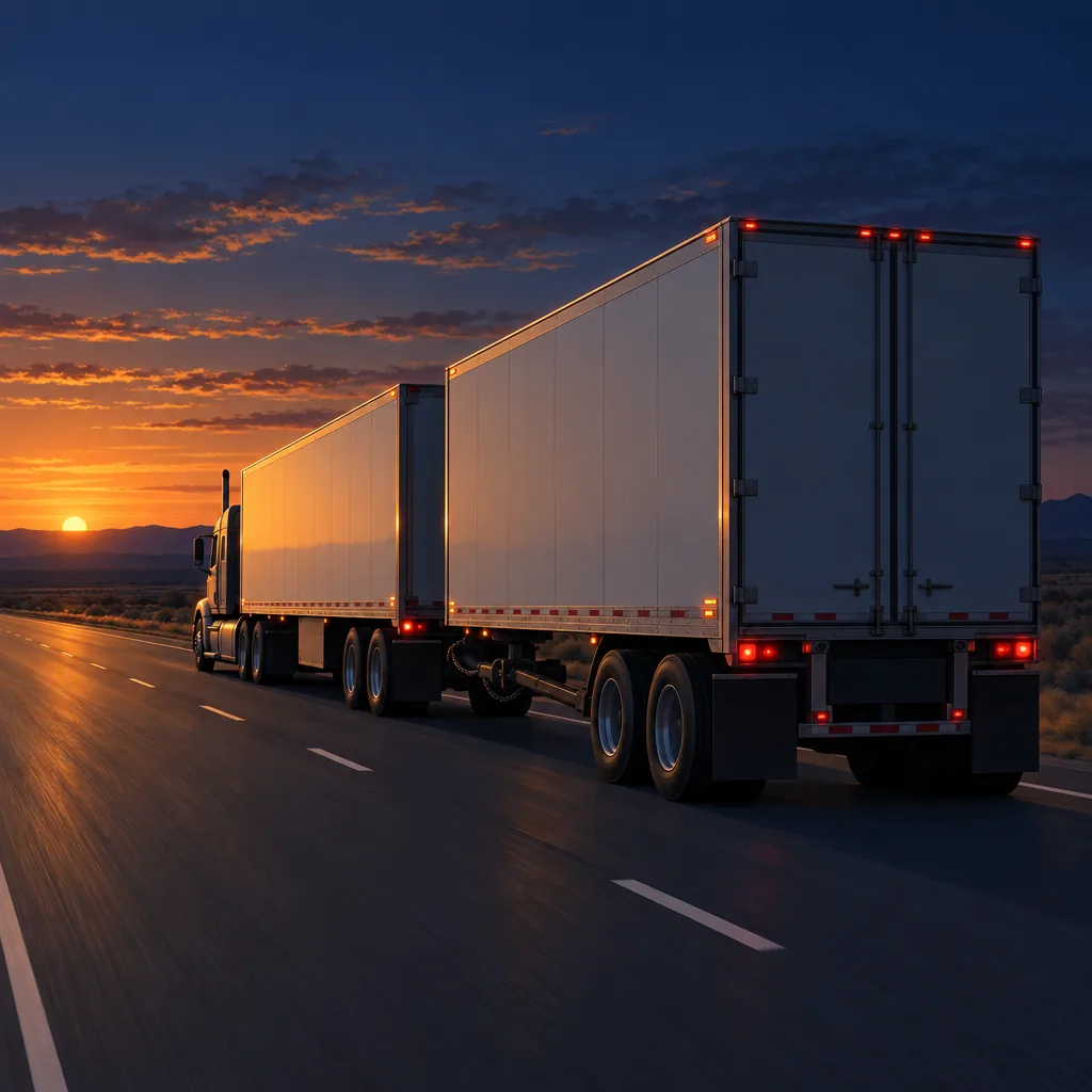 Illustration of a truck pulling two trailers on a highway