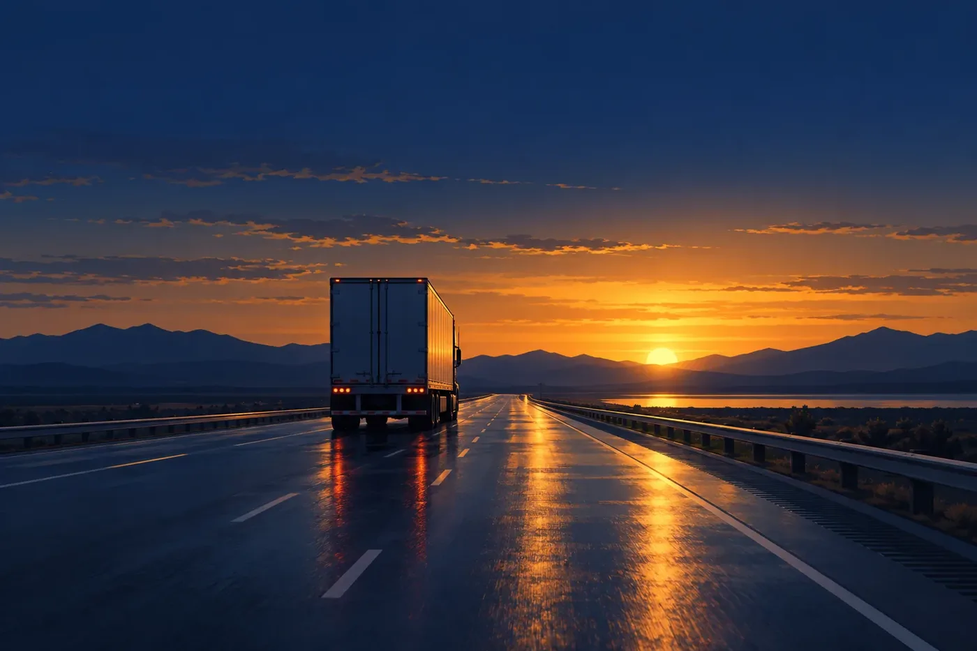 Illustration of a semi-truck driving down an open highway at sunset